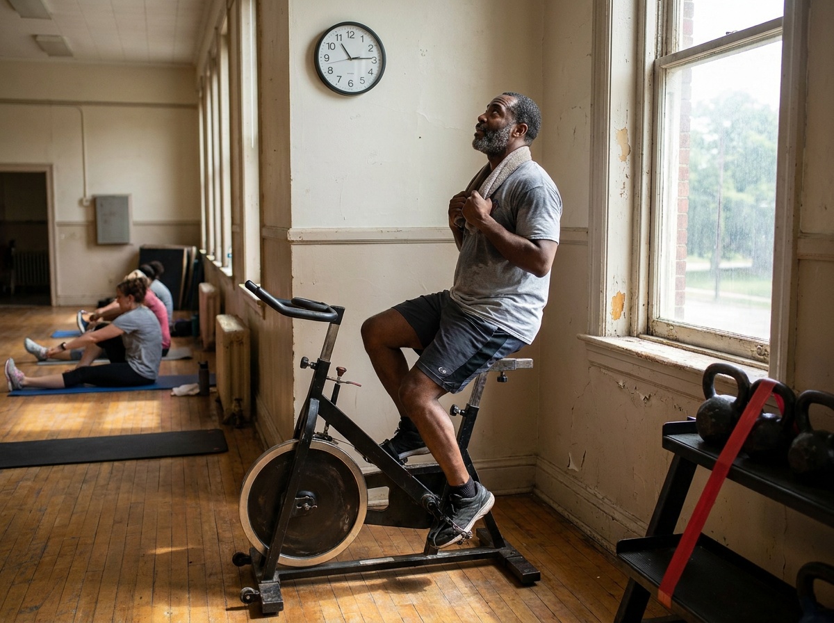 An adult finishing a controlled interval on a stationary bike