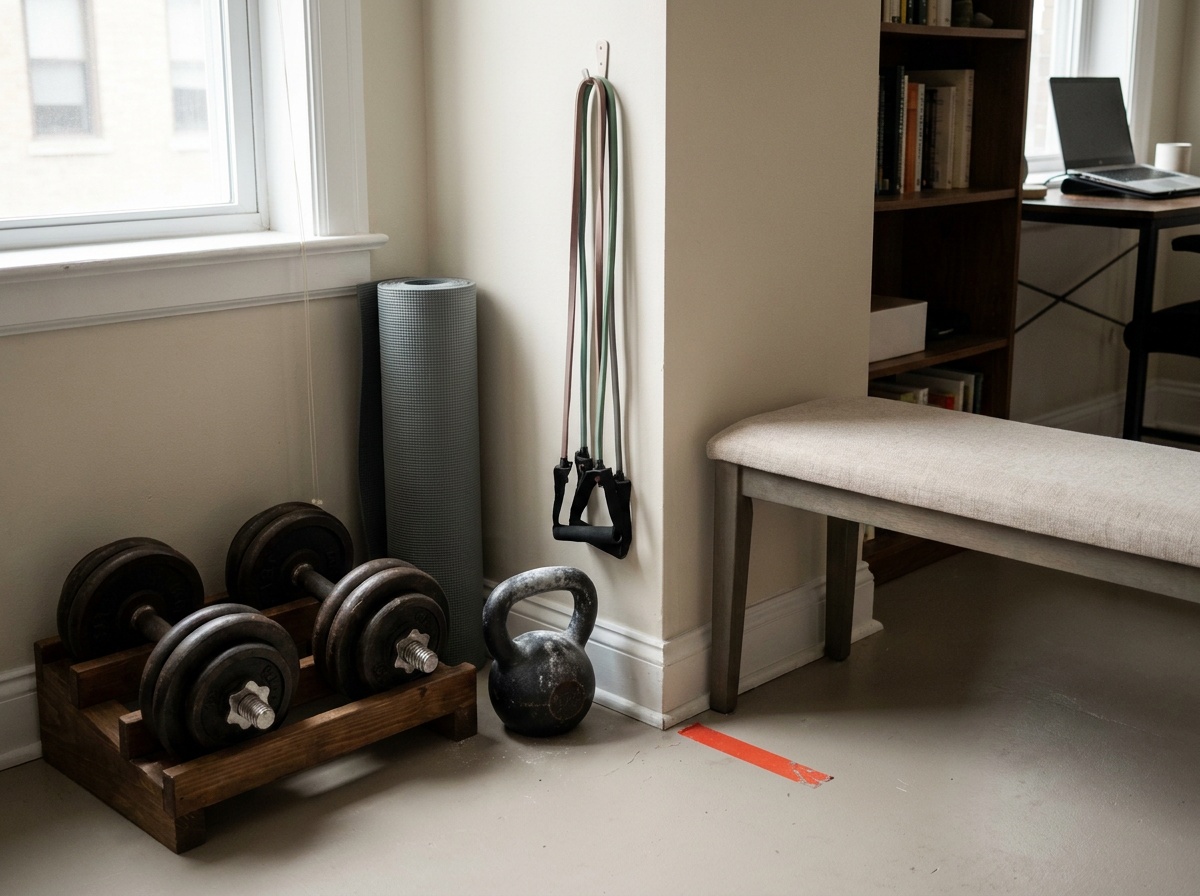 A compact apartment training corner with dumbbells, kettlebell, mat, and bands