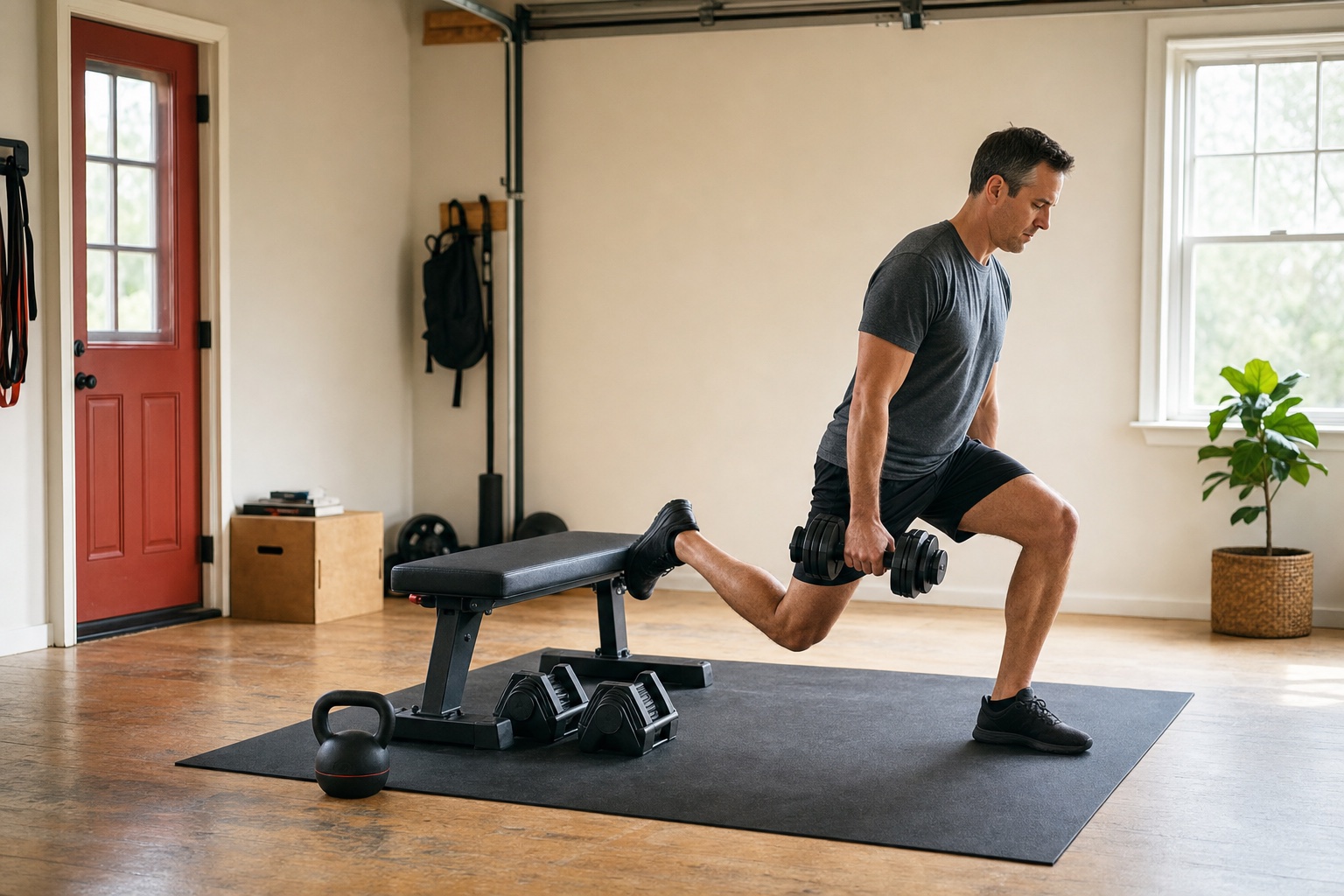 An adult training a controlled split squat in a bright home gym